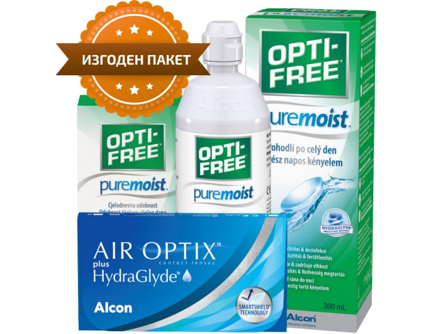 Air Optix® HydraGlyde® (3 + 3 лещи) + Разтвор Opti-Free Pure Moist 300 ml + 90 ml Пакет с Air Optix plus HydraGlyde