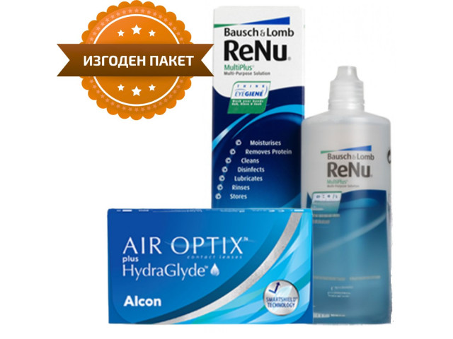 Air Optix® HydraGlyde® (2 лещи) + Разтвор Renu MultiPlus 360 ml +60 ml Пакет с Air Optix plus HydraGlyde