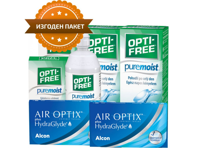 Air Optix® HydraGlyde® (6 + 6 лещи) + 2 Разтворa Opti-Free Pure Moist 300 + 90 ml Пакети с Air Optix plus HydraGlyde
