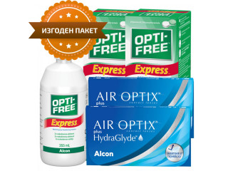Air Optix® HydraGlyde® (6 + 6 лещи) + 2 Разтвора Opti-Free Express 355 ml
