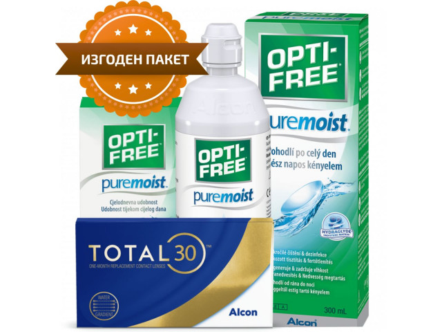 TOTAL30® (4 + 4 лещи) + Разтвор Opti-Free Pure Moist 300 ml + 90 ml с 2 контейнера Пакет с TOTAL 30