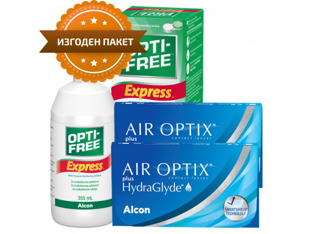 Air Optix® HydraGlyde® (6 + 6 лещи) + Разтвор Opti-Free Express 355 ml Пакети с Air Optix plus HydraGlyde