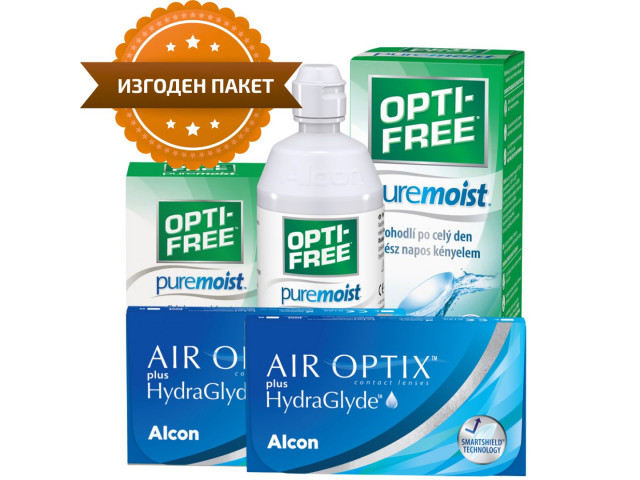 Air Optix® HydraGlyde® (6 + 6 лещи) + Разтвор Opti-Free Pure Moist 300 ml + 90 ml Пакети с Air Optix plus HydraGlyde