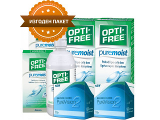 PureVision® 2 HD (6 + 6 лещи) + 2 Разтворa Opti-Free Pure Moist 300 + 90 ml