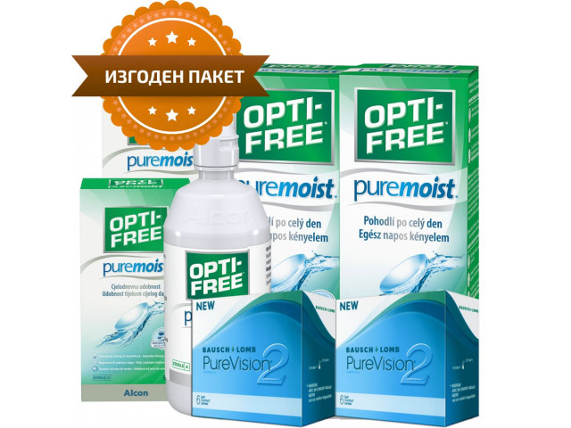 PureVision® 2 HD (6 + 6 лещи) + 2 Разтворa Opti-Free Pure Moist 300 + 90 ml Пакет с Pure Vision 2