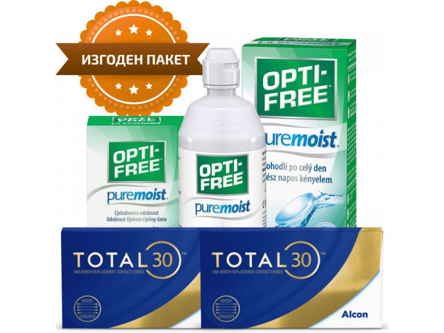 TOTAL30® (8 + 8 лещи) + Разтвор Opti-Free Pure Moist 300 ml + 90 ml с 2 контейнера Пакет с TOTAL 30