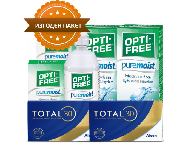 TOTAL30® (8 + 8 лещи) + 2 Разтворa Opti-Free Pure Moist 300 + 90 ml Пакет с TOTAL 30