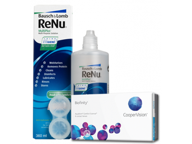 Biofinity® (3 + 3 лещи) + Разтвор Renu MultiPlus 360 ml + 60 ml Пакет с Biofinity
