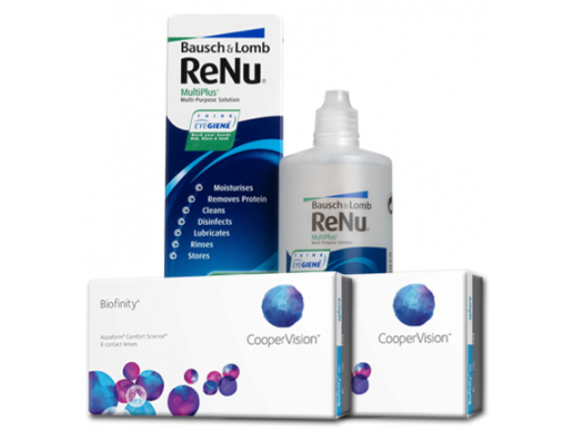 Biofinity® (6 + 6 лещи) + Разтвор Renu MultiPlus 360 ml + 60 ml Пакет с Biofinity