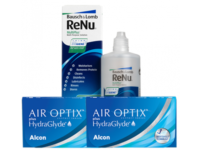 Air Optix® HydraGlyde® (6 + 6 лещи) + Разтвор Renu MultiPlus 360 ml + 60 ml Пакет с Air Optix plus HydraGlyde