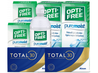 TOTAL30® (8 + 8 лещи) + 2 Разтворa Opti-Free Pure Moist 300 + 90 ml и Подарък - 2 Несесера TOTAL30