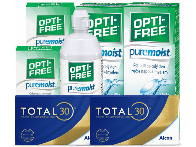 TOTAL30® (8 + 8 лещи) + 2 Разтворa Opti-Free Pure Moist 300 + 60 ml и Подарък - 2 Несесера TOTAL30 Пакет с TOTAL 30