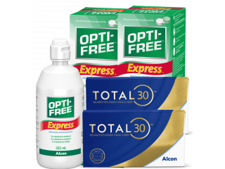 TOTAL30® (8 + 8 лещи) + 2 Разтворa Opti-Free Express 355 ml и Подарък - 2 Несесера TOTAL30