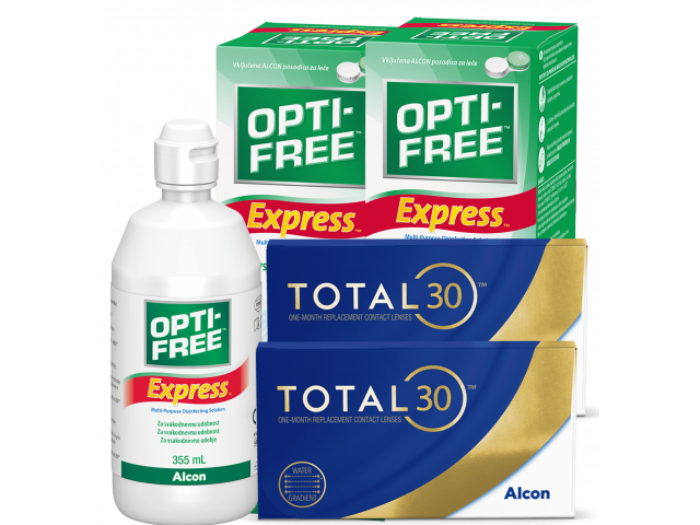 TOTAL30® (8 + 8 лещи) + 2 Разтворa Opti-Free Express 355 ml Пакет с TOTAL 30
