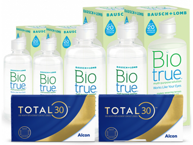TOTAL30® (6 + 6 лещи) + 2 Разтворa BioTrue 360 + 60 ml и Подарък - 2 Несесера TOTAL30 Пакет с TOTAL 30