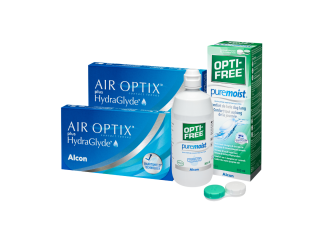 Air Optix® HydraGlyde® (3 + 3 лещи) + Подарък разтвор Opti-Free Pure Moist 90 ml с контейнер