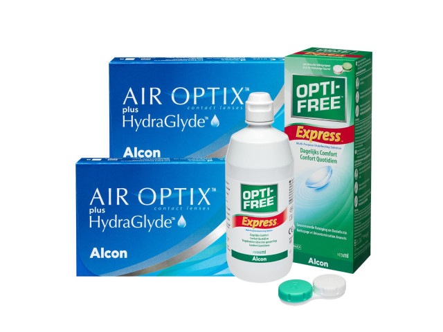 Air Optix® HydraGlyde® (3 + 3 лещи)  + Opti-Free Express 120 ml месечни контактни лещи