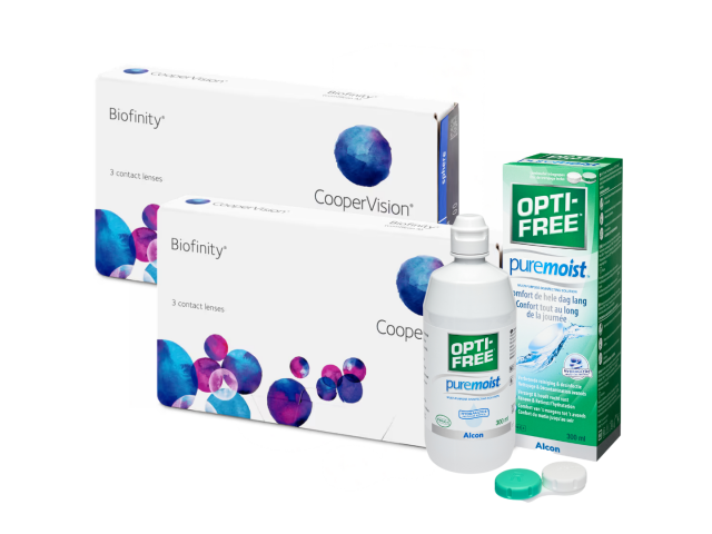 Biofinity® (3 + 3 лещи) + Подарък разтвор Opti-Free Pure Moist 90 ml месечни контактни лещи