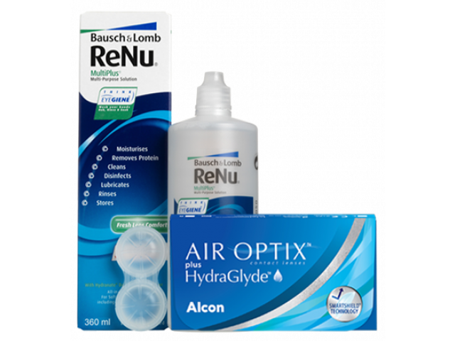 Air Optix® HydraGlyde® (2 лещи) + Разтвор Renu MultiPlus 360 ml +60 ml Пакет с Air Optix plus HydraGlyde