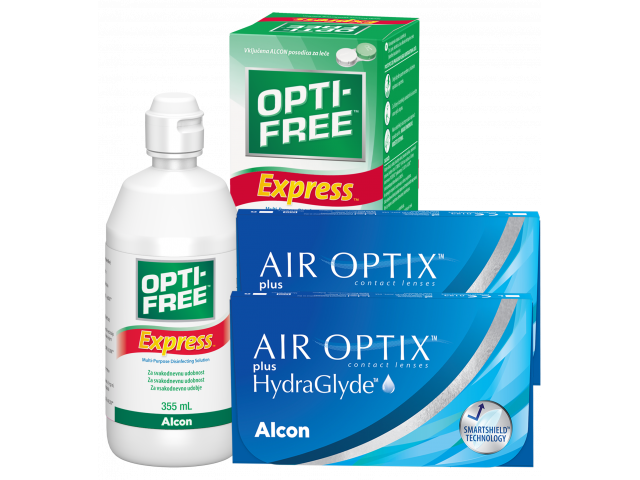 Air Optix® HydraGlyde® (6 + 6 лещи) + Разтвор Opti-Free Express 355 ml Пакети с Air Optix plus HydraGlyde